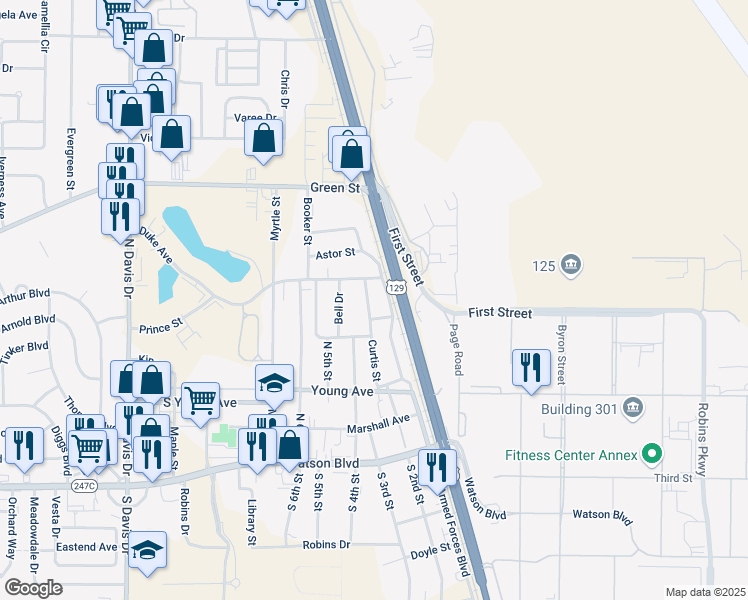 map of restaurants, bars, coffee shops, grocery stores, and more near 408 Curtis Street in Warner Robins