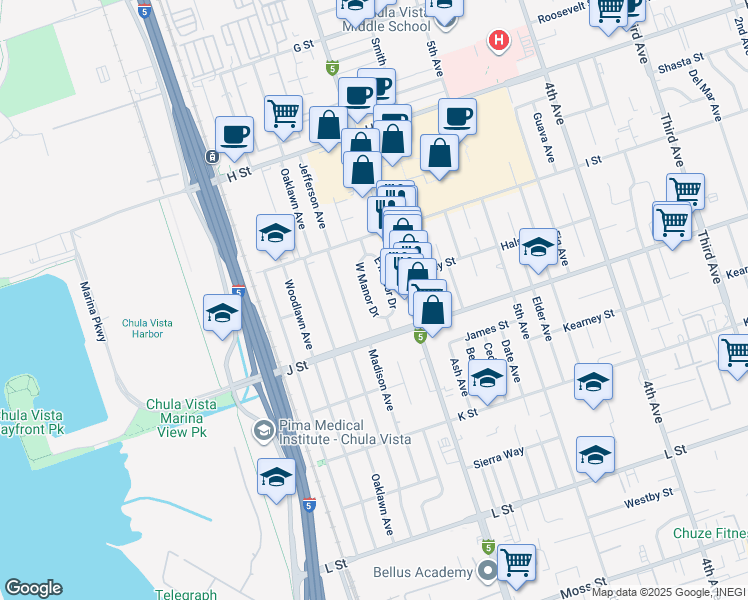 map of restaurants, bars, coffee shops, grocery stores, and more near 663 West Manor Drive in Chula Vista