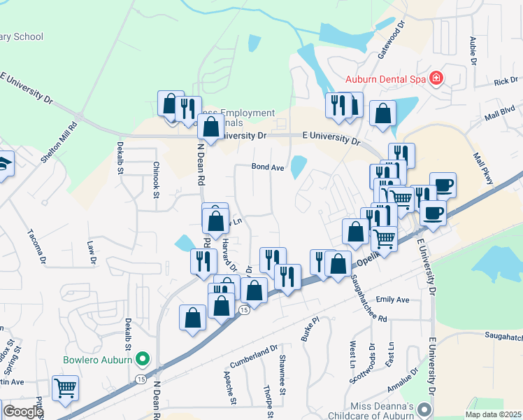 map of restaurants, bars, coffee shops, grocery stores, and more near 1115 Drew Lane in Auburn