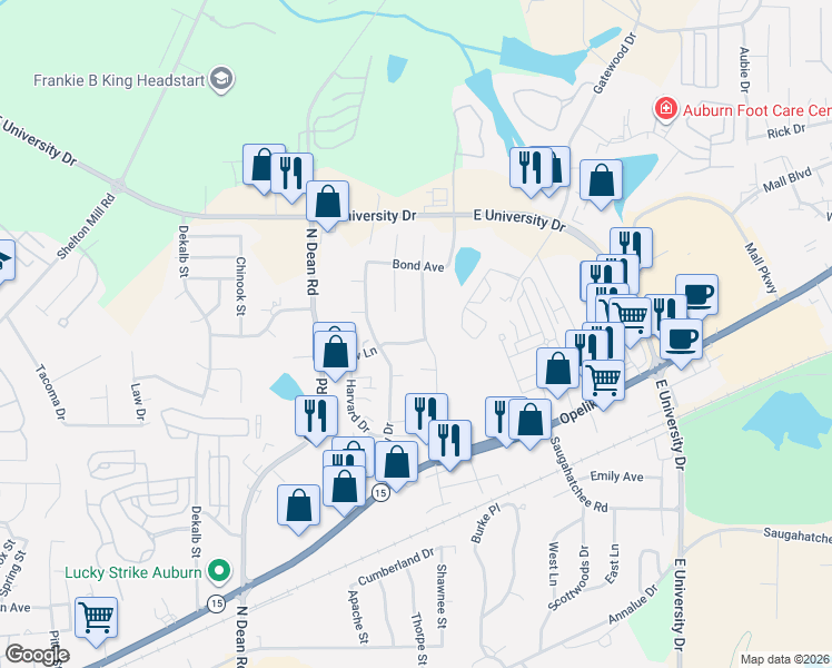 map of restaurants, bars, coffee shops, grocery stores, and more near 1115 Drew Lane in Auburn
