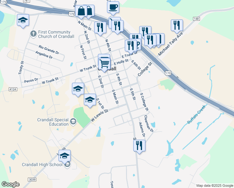 map of restaurants, bars, coffee shops, grocery stores, and more near 405 S Main St in Crandall