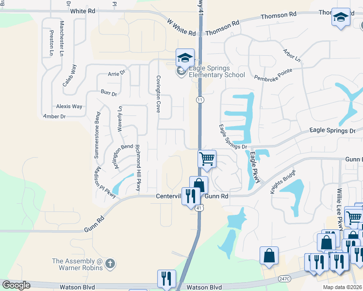 map of restaurants, bars, coffee shops, grocery stores, and more near 104 Monticello Drive in Byron