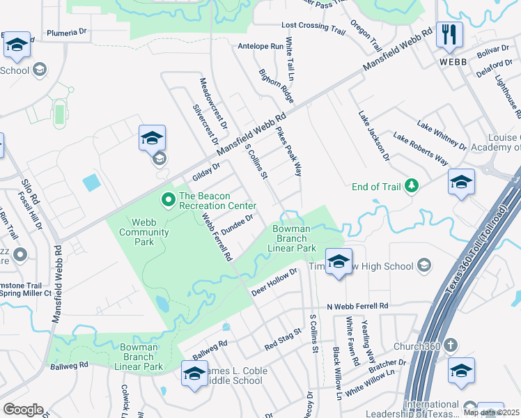 map of restaurants, bars, coffee shops, grocery stores, and more near 7019 Baybridge Drive in Arlington