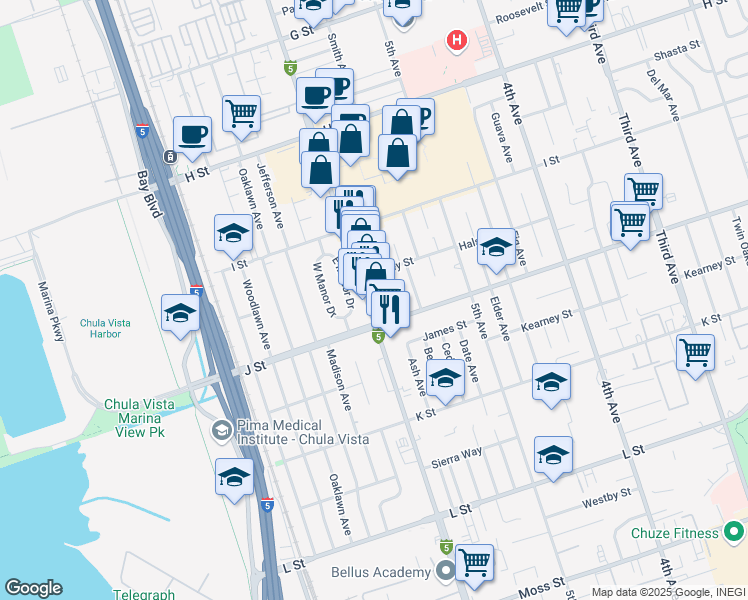 map of restaurants, bars, coffee shops, grocery stores, and more near 679 Broadway in Chula Vista