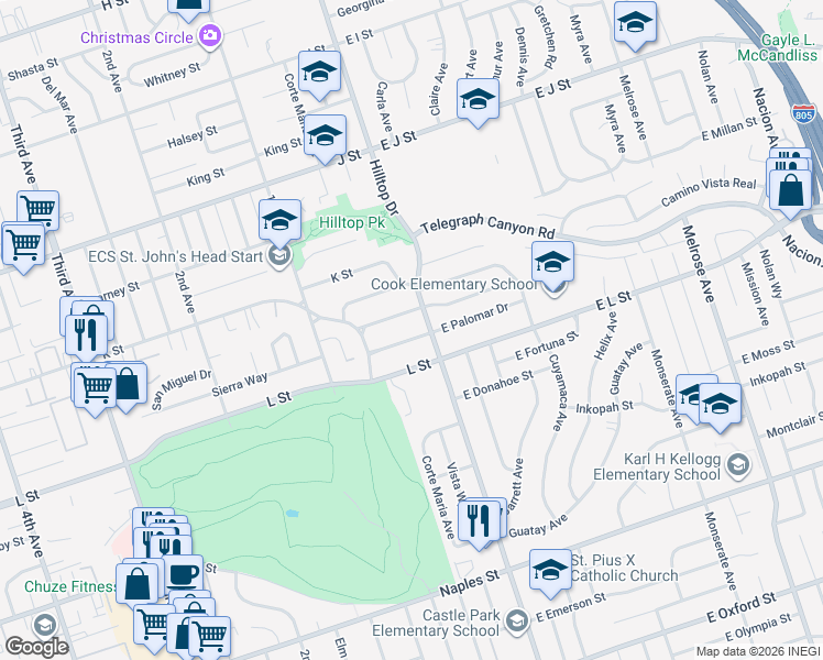 map of restaurants, bars, coffee shops, grocery stores, and more near 3 Palomar Drive in Chula Vista