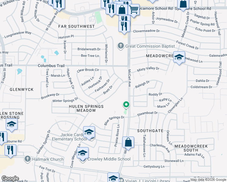 map of restaurants, bars, coffee shops, grocery stores, and more near 3709 Brett Drive in Fort Worth