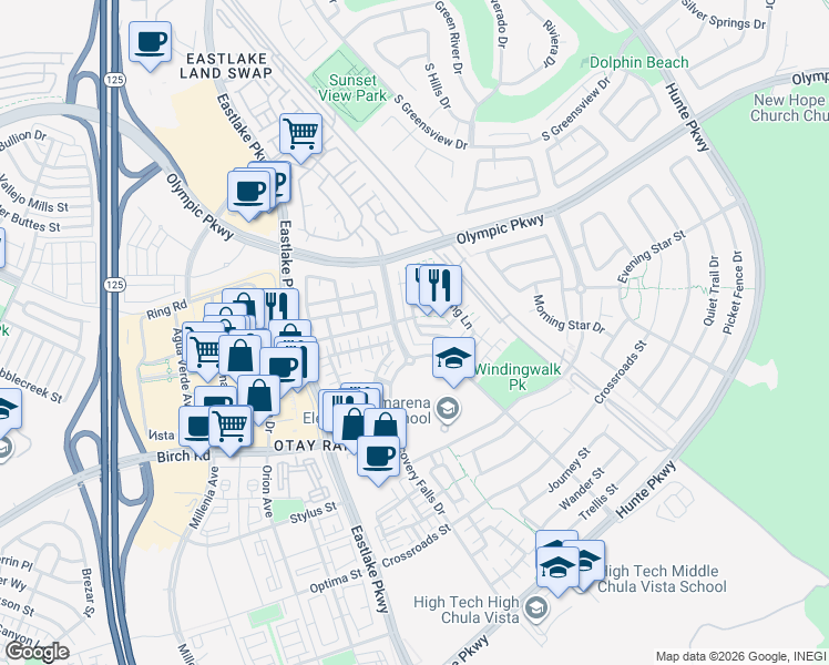 map of restaurants, bars, coffee shops, grocery stores, and more near 1613 Rain Patter Lane in Chula Vista