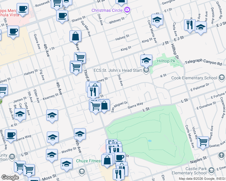 map of restaurants, bars, coffee shops, grocery stores, and more near 231 K Street in Chula Vista