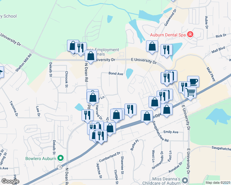 map of restaurants, bars, coffee shops, grocery stores, and more near 1115 Drew Lane in Auburn