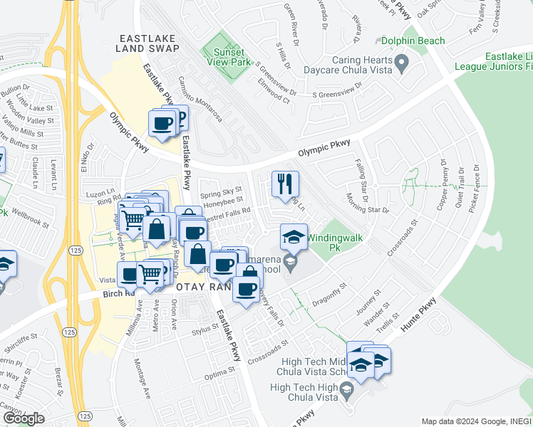 map of restaurants, bars, coffee shops, grocery stores, and more near 1611 Moonbeam Lane in Chula Vista