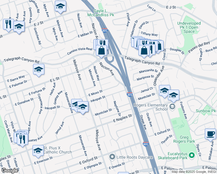 map of restaurants, bars, coffee shops, grocery stores, and more near 371 East Moss Street in Chula Vista