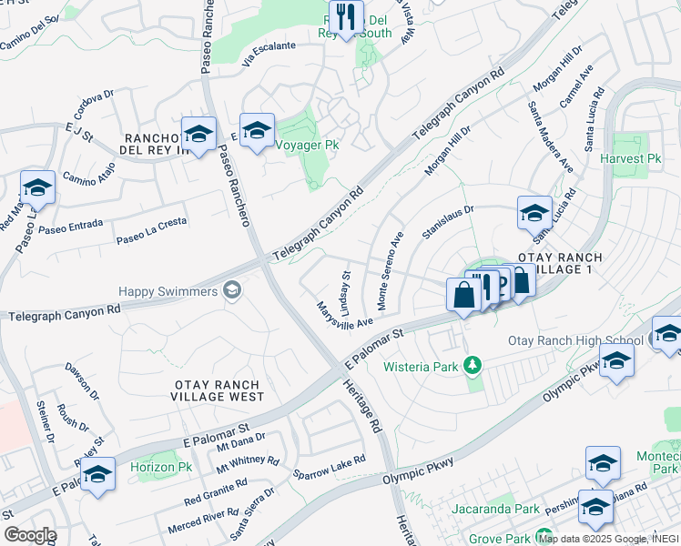 map of restaurants, bars, coffee shops, grocery stores, and more near 1254 Lindsay Street in Chula Vista