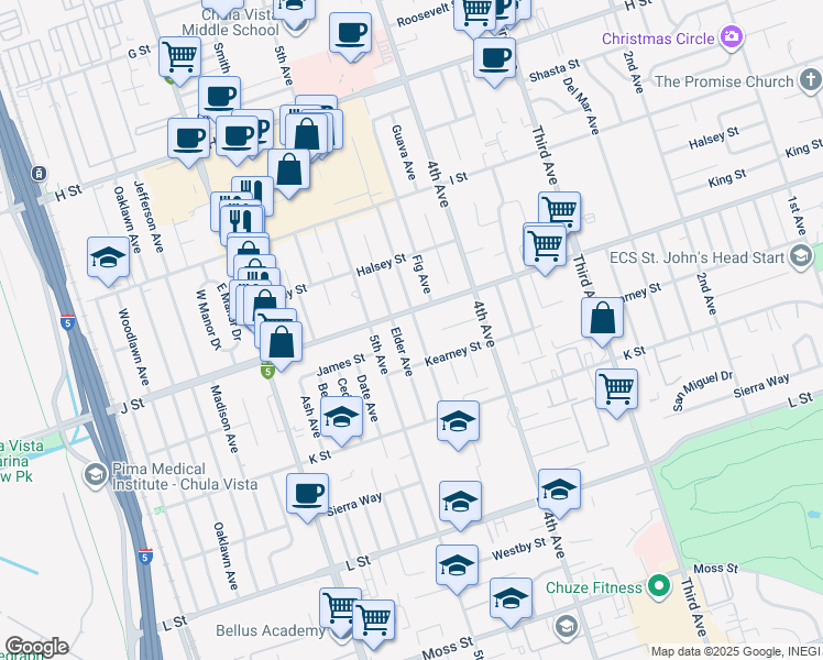 map of restaurants, bars, coffee shops, grocery stores, and more near 716 Brightwood Avenue in Chula Vista