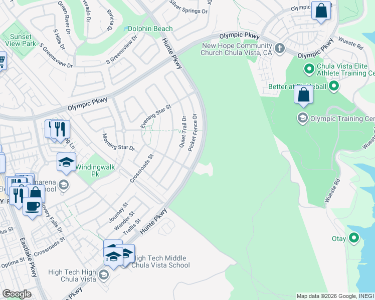 map of restaurants, bars, coffee shops, grocery stores, and more near 1694 Picket Fence Drive in Chula Vista