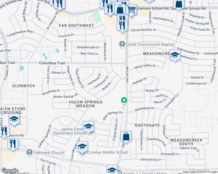 map of restaurants, bars, coffee shops, grocery stores, and more near 3709 Brett Drive in Fort Worth