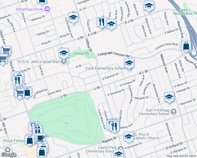 map of restaurants, bars, coffee shops, grocery stores, and more near 3 Palomar Drive in Chula Vista