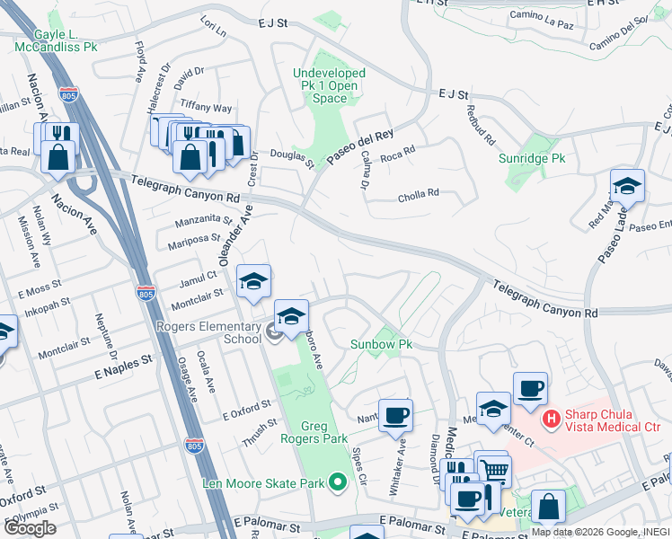 map of restaurants, bars, coffee shops, grocery stores, and more near 1068 Pacific Hill Street in Chula Vista