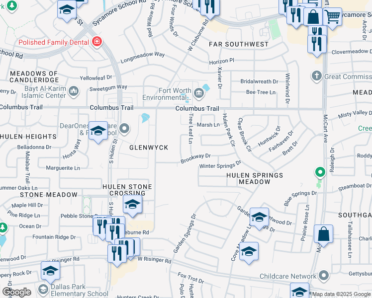 map of restaurants, bars, coffee shops, grocery stores, and more near 8020 Tree Leaf Lane in Fort Worth