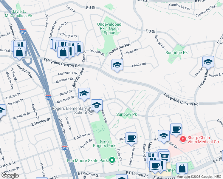 map of restaurants, bars, coffee shops, grocery stores, and more near 1068 Pacific Hill Street in Chula Vista