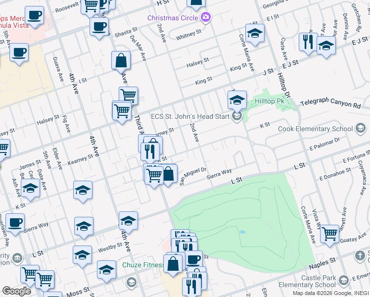 map of restaurants, bars, coffee shops, grocery stores, and more near 231 K Street in Chula Vista