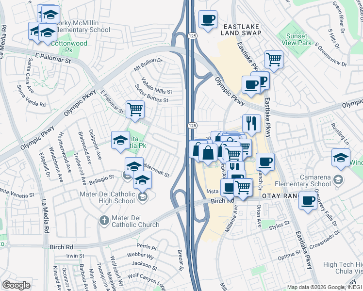 map of restaurants, bars, coffee shops, grocery stores, and more near 1525 Caminito Zaragosa in Chula Vista
