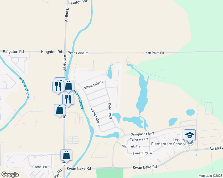 map of restaurants, bars, coffee shops, grocery stores, and more near 3202 Dublin Way in Bossier City