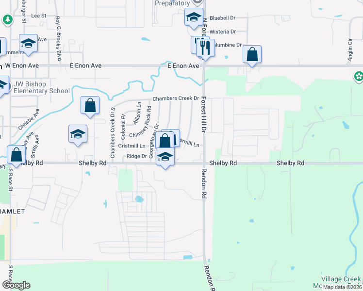 map of restaurants, bars, coffee shops, grocery stores, and more near 504 Steeple Ridge Court in Everman