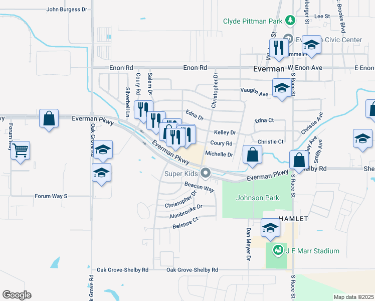 map of restaurants, bars, coffee shops, grocery stores, and more near 1813 Everman Parkway in Fort Worth