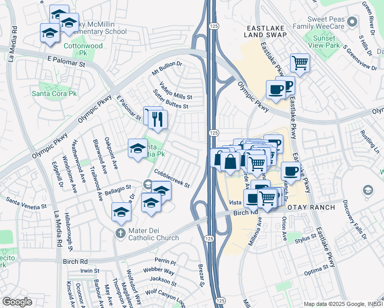 map of restaurants, bars, coffee shops, grocery stores, and more near 1998 Caminito Alcala in Chula Vista