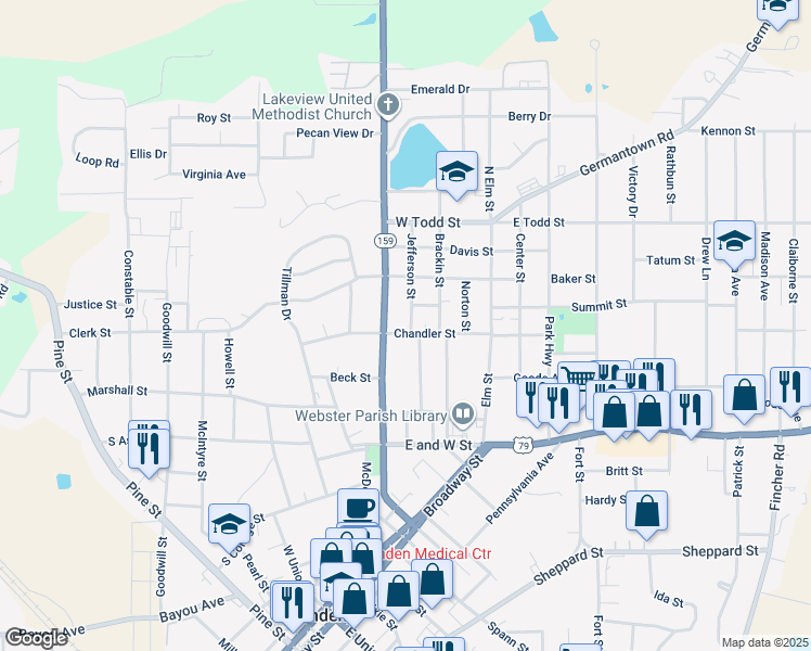 map of restaurants, bars, coffee shops, grocery stores, and more near 801 Jefferson Street in Minden