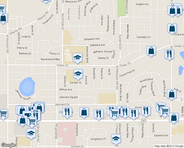 map of restaurants, bars, coffee shops, grocery stores, and more near 115 Donald Dr in Warner Robins