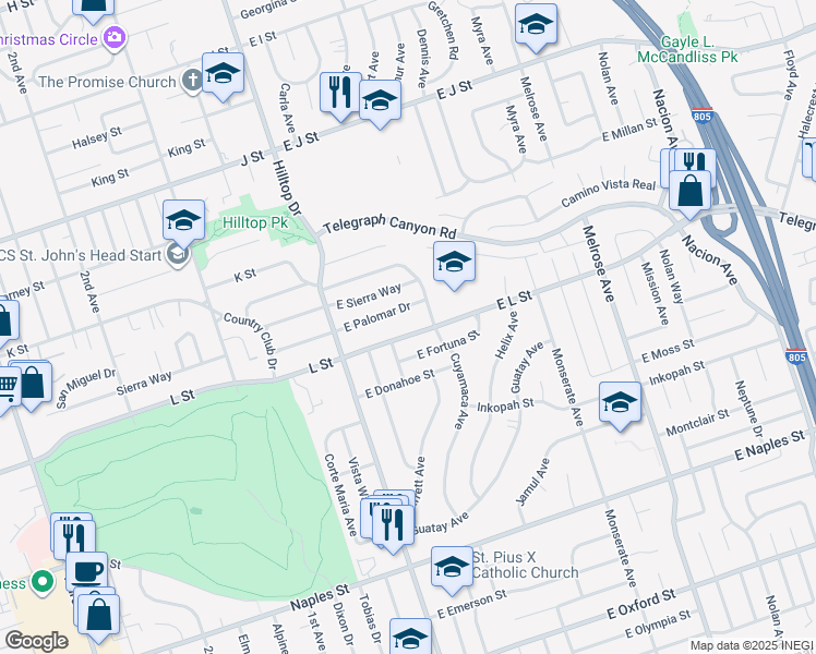 map of restaurants, bars, coffee shops, grocery stores, and more near 67 East L Street in Chula Vista