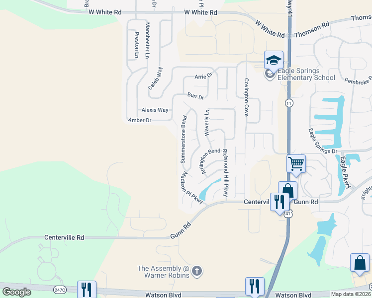 map of restaurants, bars, coffee shops, grocery stores, and more near 213 Summerstone Bend in Byron