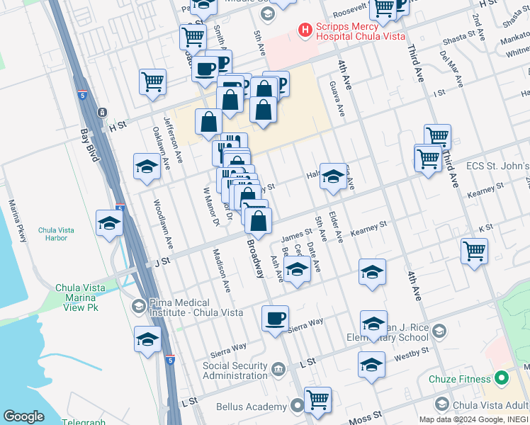 map of restaurants, bars, coffee shops, grocery stores, and more near 683 Ash Avenue in Chula Vista