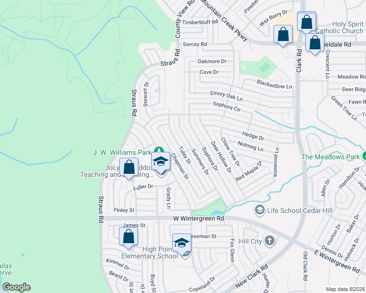 map of restaurants, bars, coffee shops, grocery stores, and more near 1607 Tuley Street in Cedar Hill