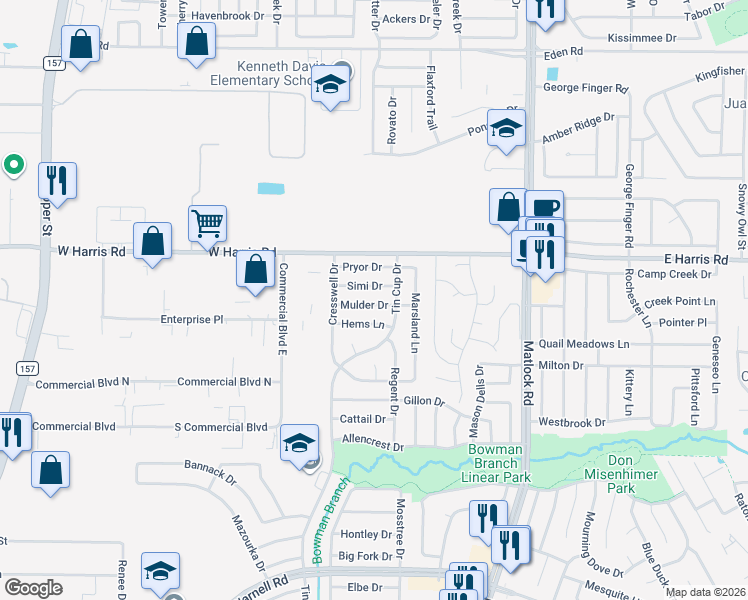 map of restaurants, bars, coffee shops, grocery stores, and more near 831 Mulder Drive in Arlington