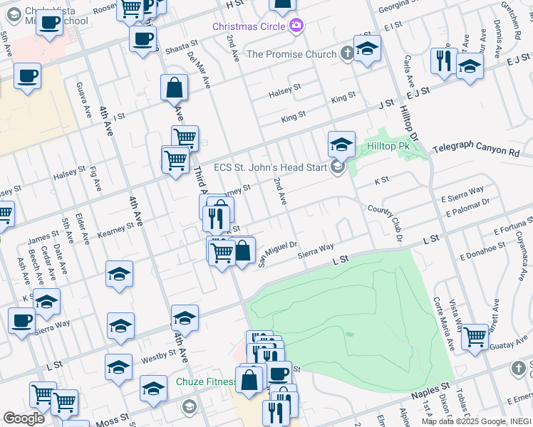 map of restaurants, bars, coffee shops, grocery stores, and more near 227 K St in Chula Vista