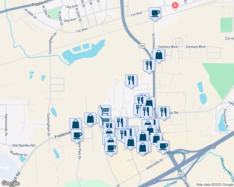 map of restaurants, bars, coffee shops, grocery stores, and more near 2213 Center Hill Drive in Opelika