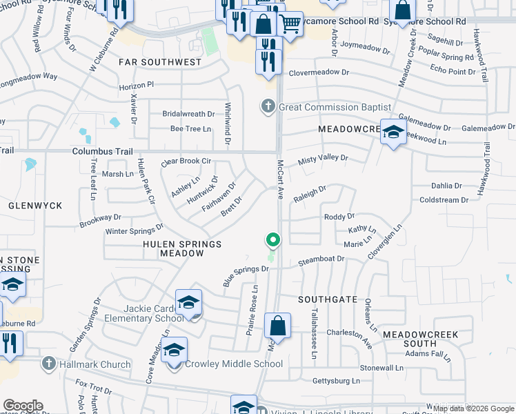 map of restaurants, bars, coffee shops, grocery stores, and more near 3619 Hulen Park Circle in Fort Worth