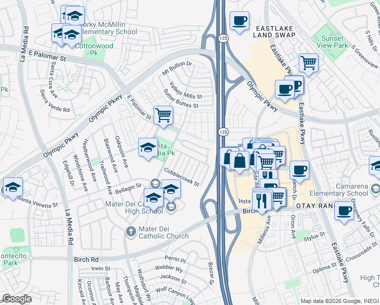 map of restaurants, bars, coffee shops, grocery stores, and more near 1930 Wellbrook Street in Chula Vista