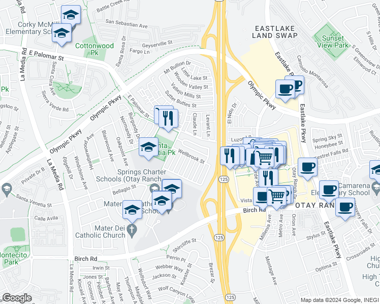 map of restaurants, bars, coffee shops, grocery stores, and more near 1930 Wellbrook Street in Chula Vista