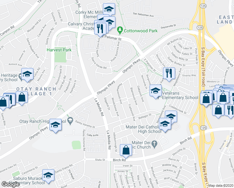 map of restaurants, bars, coffee shops, grocery stores, and more near 1429 Windchime Avenue in Chula Vista