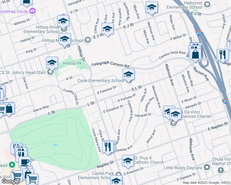 map of restaurants, bars, coffee shops, grocery stores, and more near 67 East L Street in Chula Vista