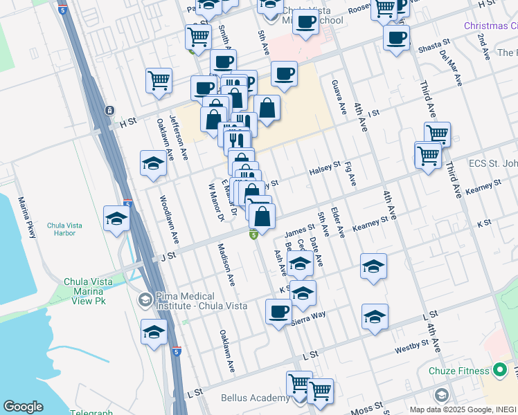 map of restaurants, bars, coffee shops, grocery stores, and more near in Chula Vista
