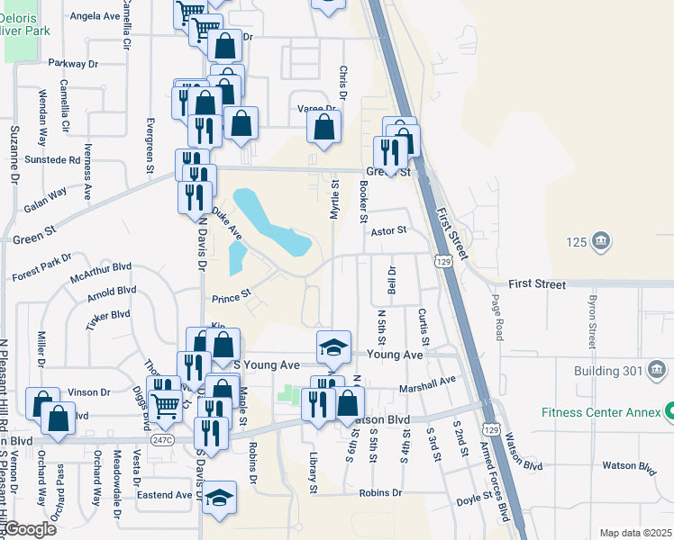 map of restaurants, bars, coffee shops, grocery stores, and more near 455 Myrtle Street in Warner Robins