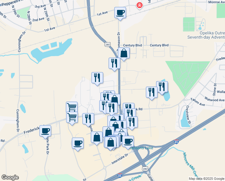 map of restaurants, bars, coffee shops, grocery stores, and more near 2204 Gateway Drive in Opelika