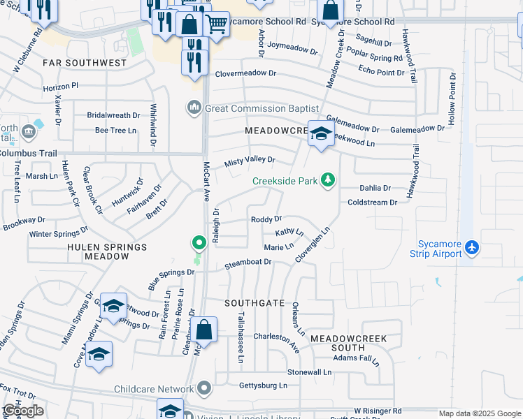 map of restaurants, bars, coffee shops, grocery stores, and more near 8051 Southern Pine Way in Fort Worth