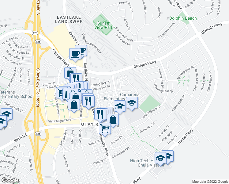 map of restaurants, bars, coffee shops, grocery stores, and more near 1609 Saddle Ridge Drive in Chula Vista