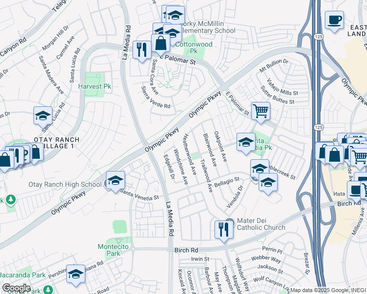 map of restaurants, bars, coffee shops, grocery stores, and more near 1429 Windchime Avenue in Chula Vista