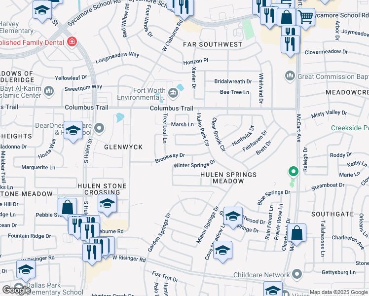 map of restaurants, bars, coffee shops, grocery stores, and more near 8012 Buttercup Circle South in Fort Worth